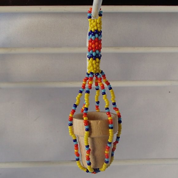 Doll House Miniature Unfinished Colorful Seed Bead Plant Hanger + Wood Pot DIY - Picture 1 of 12